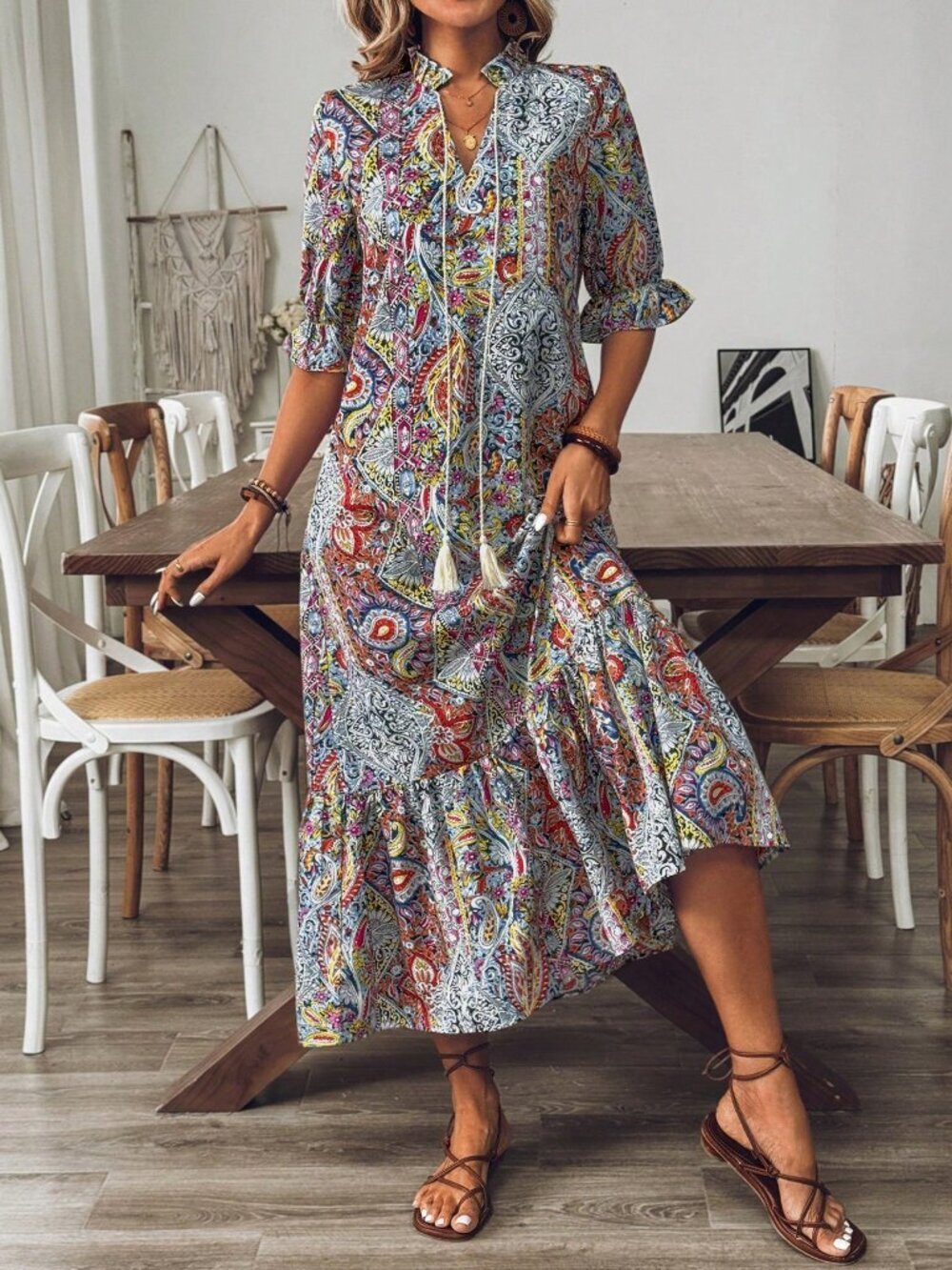 Multicolor Boho Women's Ruffle Hem & Tie Neck dress - Picture 5 of 6